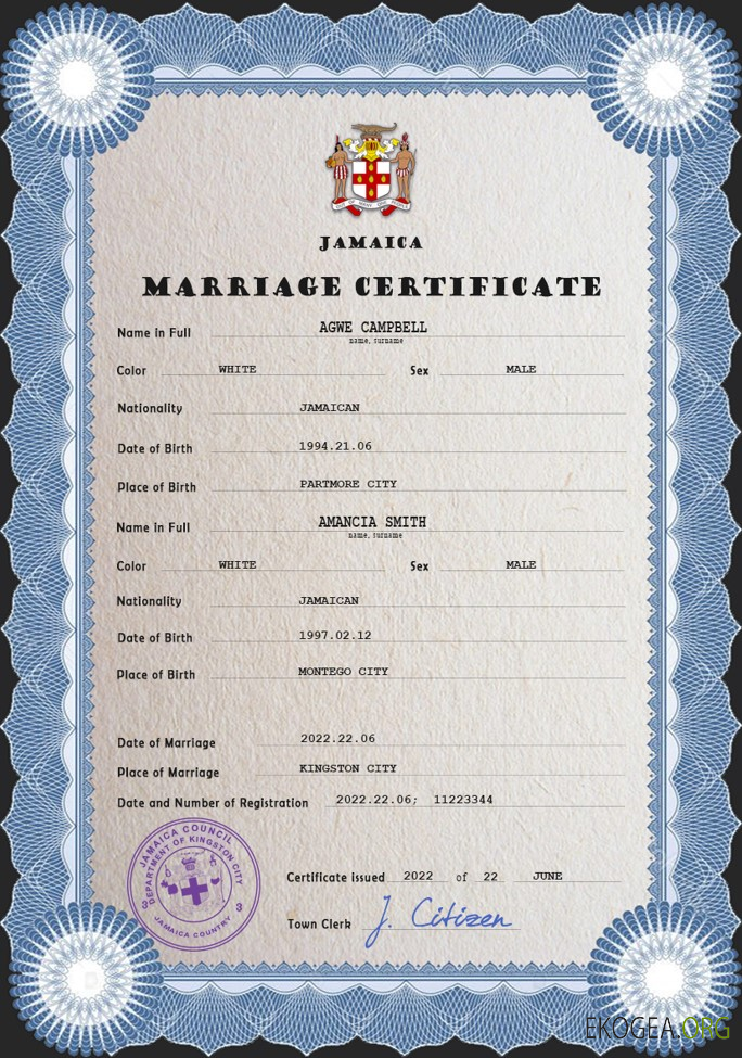Modèle PSD de certificat de mariage en Jamaïque